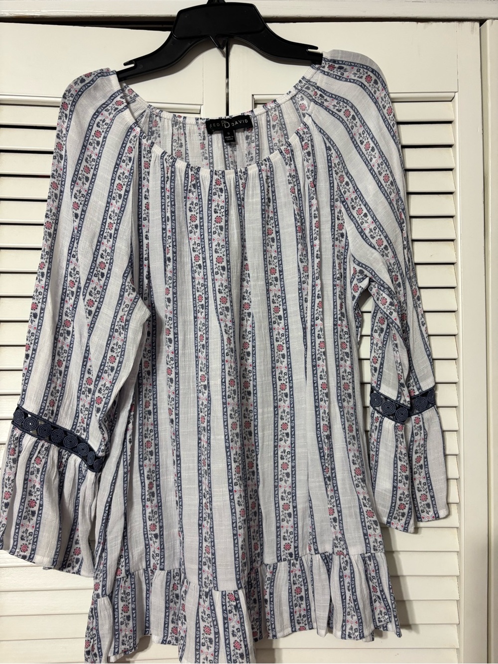 Fred David White Striped Peasant Blouse with Navy & Pink Accents